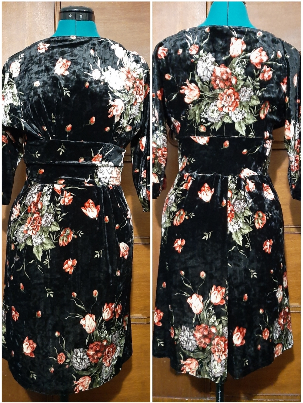 Black Floral Velvet Boatneck Dress